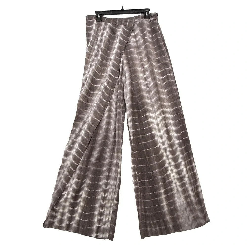 ZARA Pants Women's M Front Wrap Panel Wide Leg Linen Blend Boho‎ Chocolate Brown